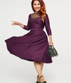 Unique Vintage Swing|Everyday Dresses>1950s Eggplant & Black Spiderweb Devon Swing Dress