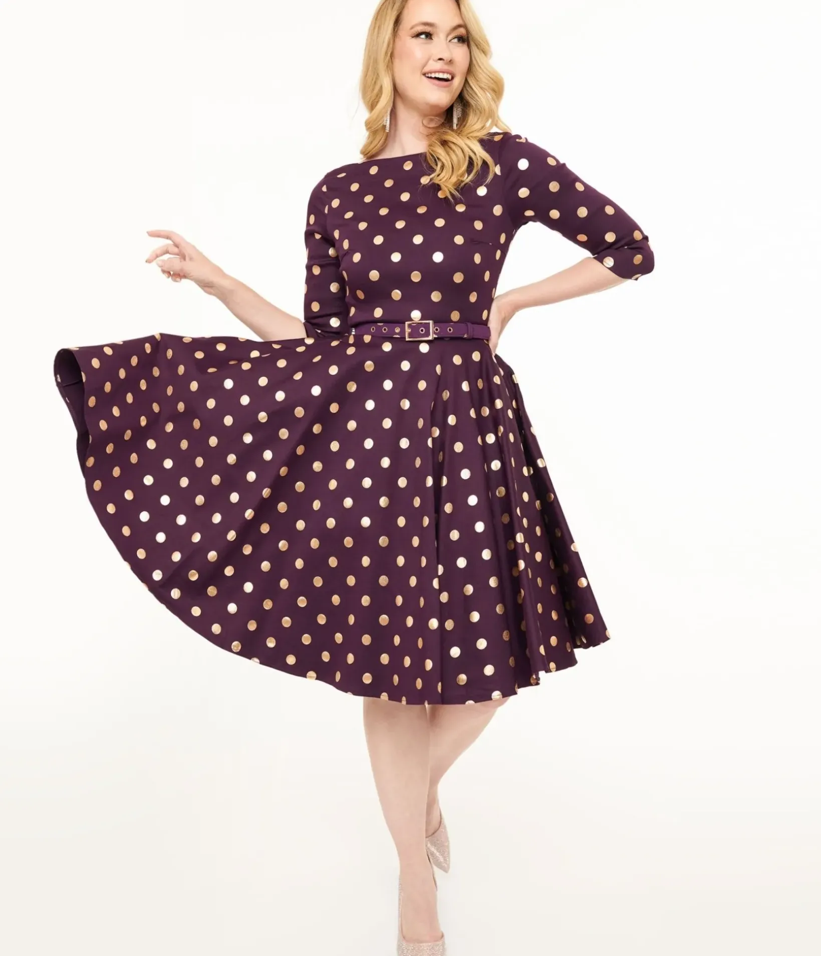 Unique Vintage Swing|Pocket Dresses>1950s Eggplant Rose Foil Polka Dot Devon Swing Dress