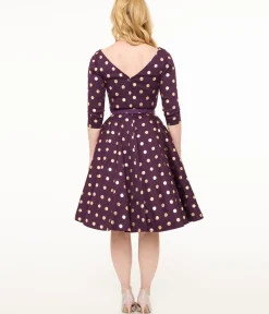 Unique Vintage Swing|Pocket Dresses>1950s Eggplant Rose Foil Polka Dot Devon Swing Dress