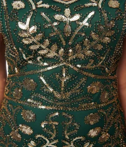 Unique Vintage Everyday Dresses|Special Occasion>1920s Emerald & Gold Sequin Fringe Flapper Dress