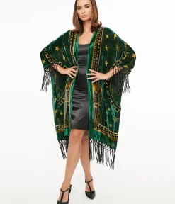 Unique Vintage Jackets|Coats & Jackets>1930s Emerald & Gold Zodiac Burnout Velvet Fringe Kimono