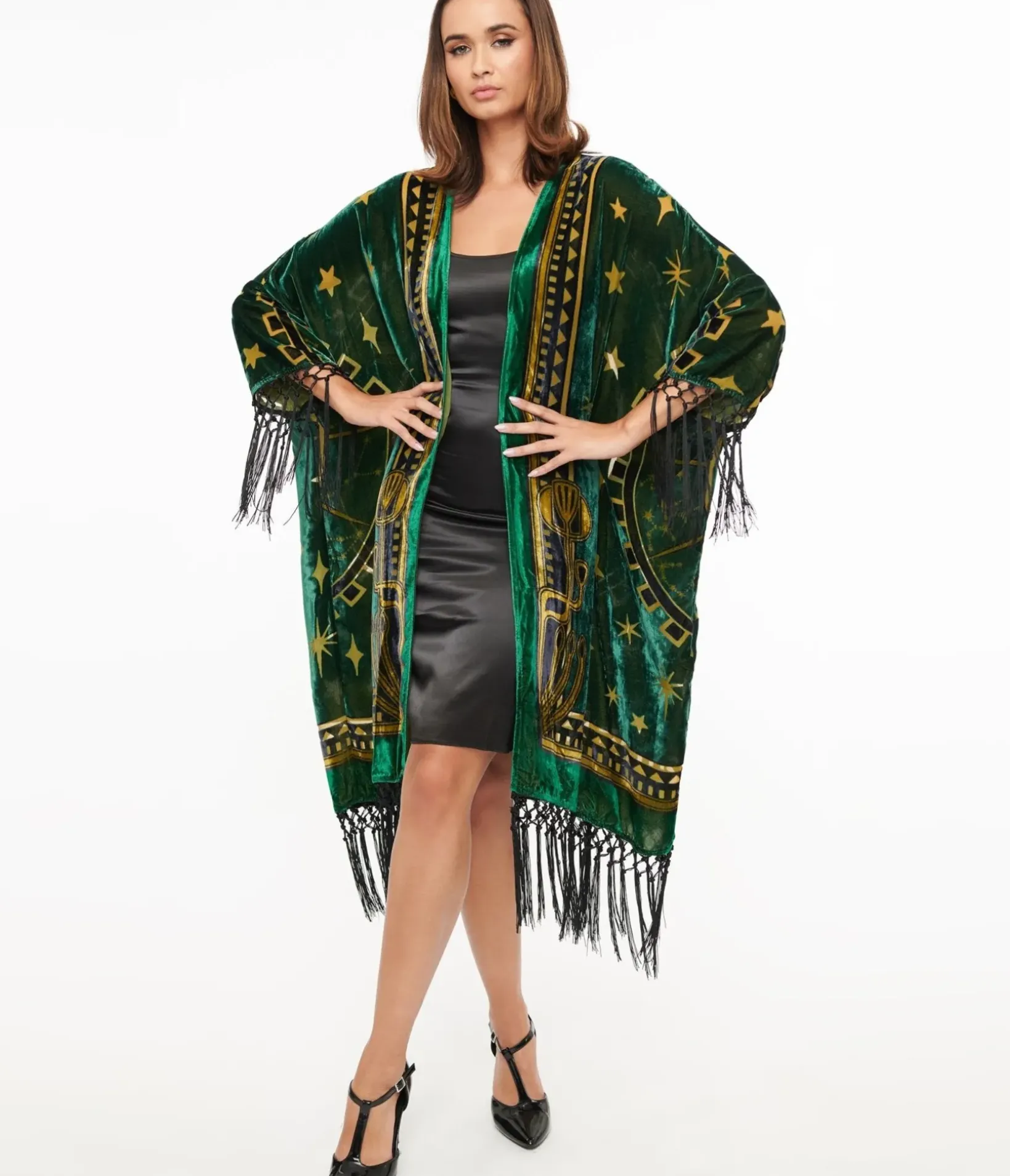 Unique Vintage Jackets|Coats & Jackets>1930s Emerald & Gold Zodiac Burnout Velvet Fringe Kimono