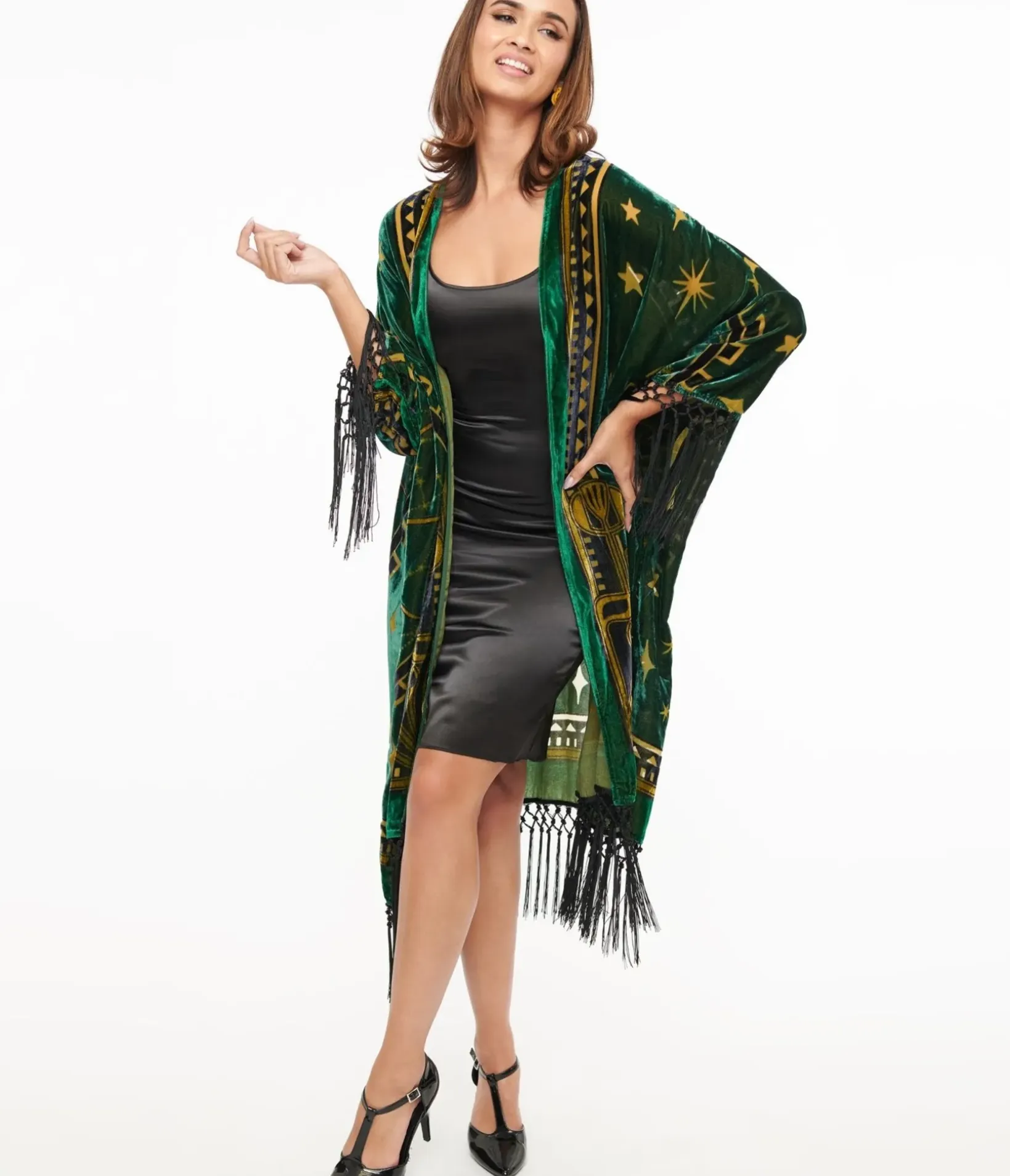 Unique Vintage Jackets|Coats & Jackets>1930s Emerald & Gold Zodiac Burnout Velvet Fringe Kimono