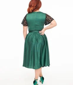 Unique Vintage Swing|Pocket Dresses>1940s Emerald Green & Black Lace Swing Dress