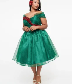Unique Vintage Swing|Everyday Dresses>1940s Emerald & Roses Garden State Swing Dress