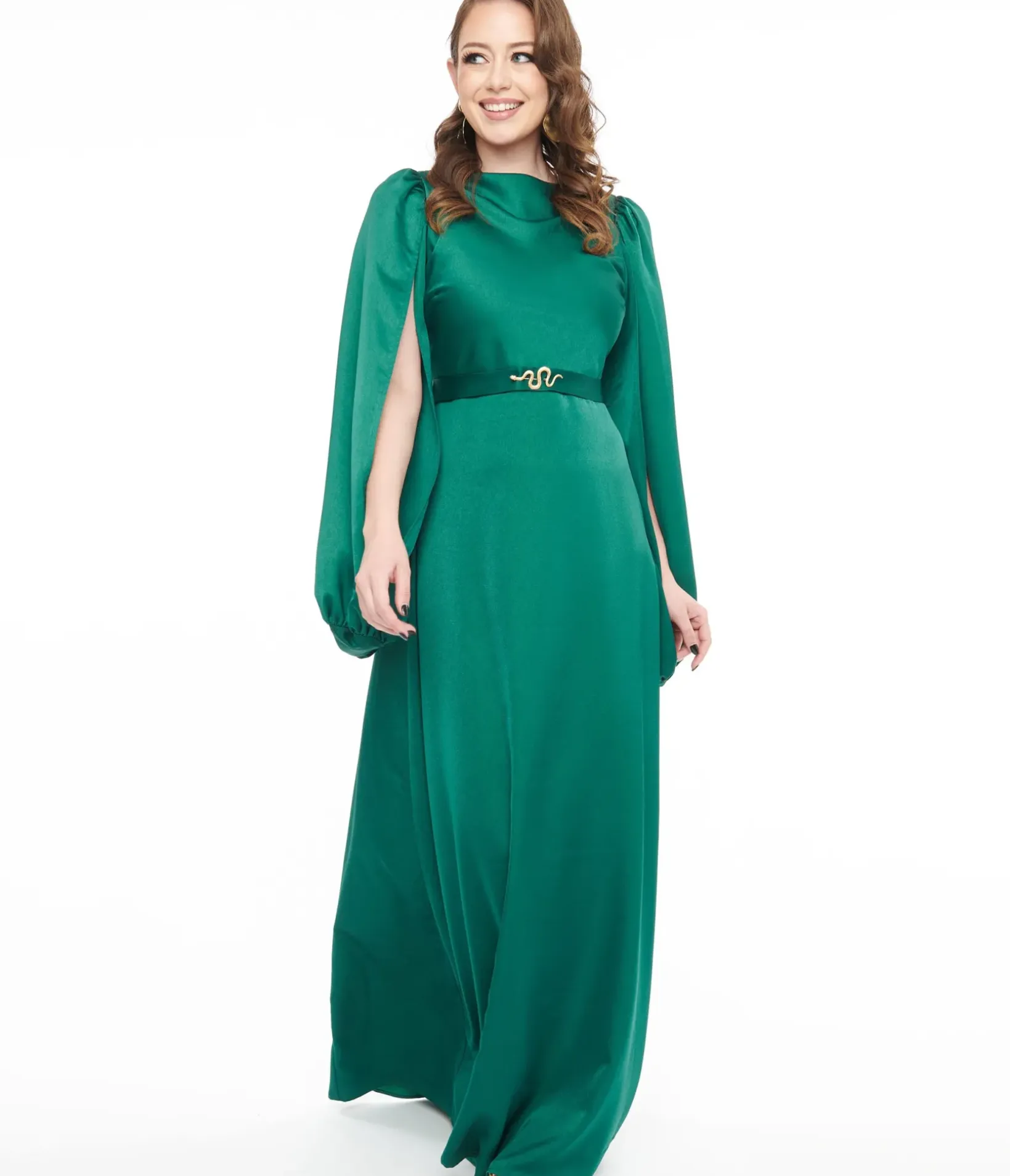 Unique Vintage Maxi|Everyday Dresses>1920s Emerald Satin & Snake Pin Evening Gown