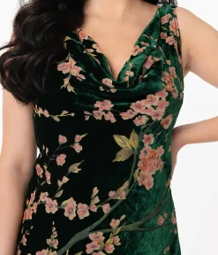 Unique Vintage Special Occasion|Bridesmaid Dresses>1920s Emerald Velvet Floral Burnout Hemingway Flapper Dress