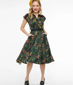 Unique Vintage Swing|Pocket Dresses>1940s Forest Green Woodland Creature Hedda Swing Dress