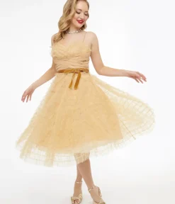 Unique Vintage Swing|Everyday Dresses>1950s Gold Glitter Tulle Cupcake Swing Dress