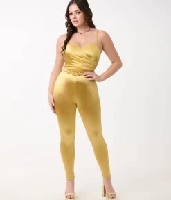 Unique Vintage Rompers & Jumpsuits>1970s Gold Spandex Belted Jumpsuit