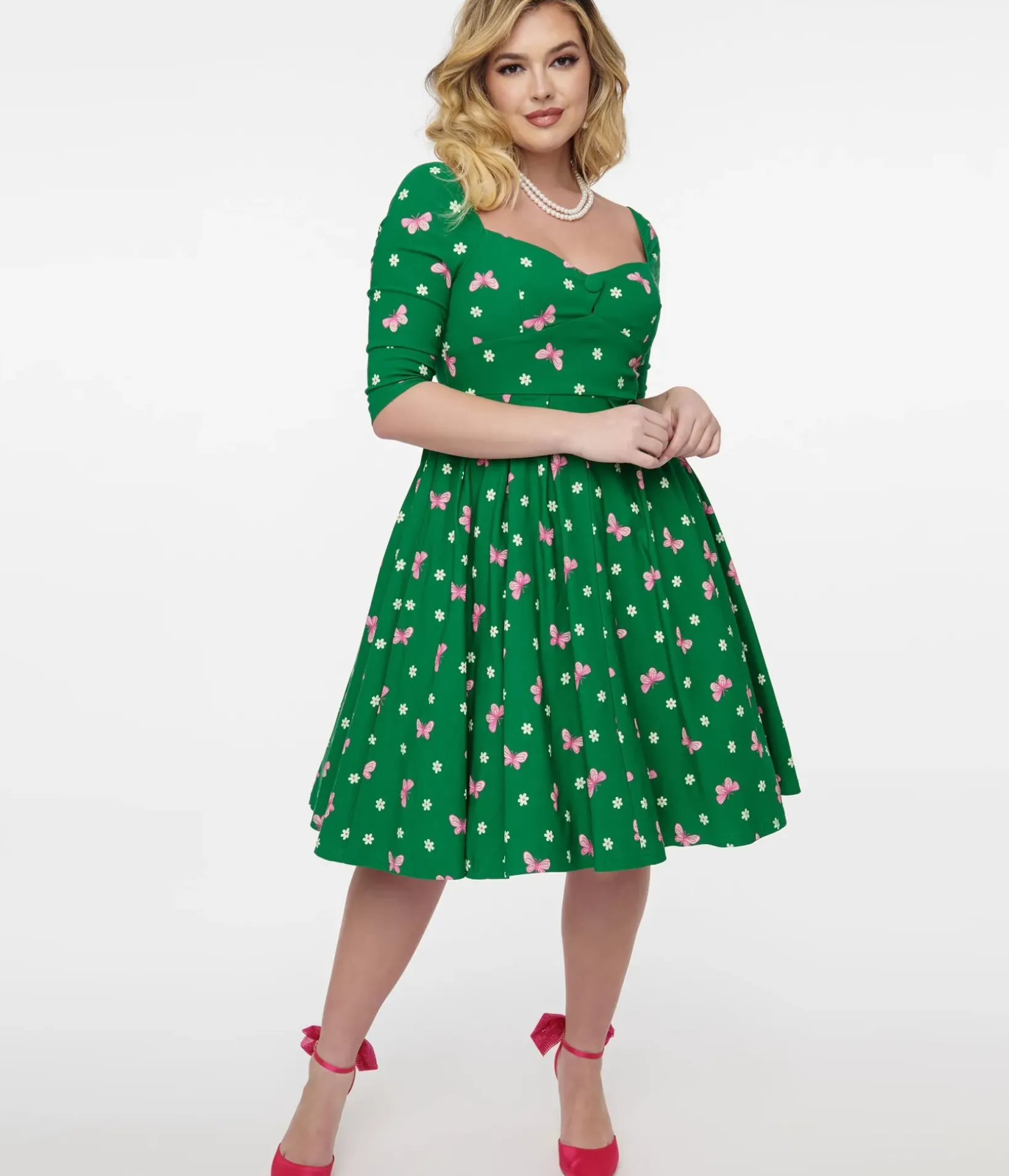 Unique Vintage Swing|Everyday Dresses>1950s Green & Butterfly Stamp Print Lamar Swing Dress