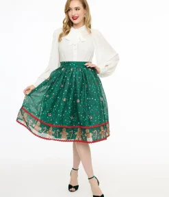 Unique Vintage Skirts>1950s Green Gingerbread Border Brilliance Swing Skirt