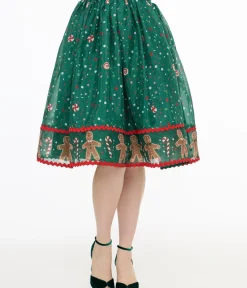 Unique Vintage Skirts>1950s Green Gingerbread Border Brilliance Swing Skirt