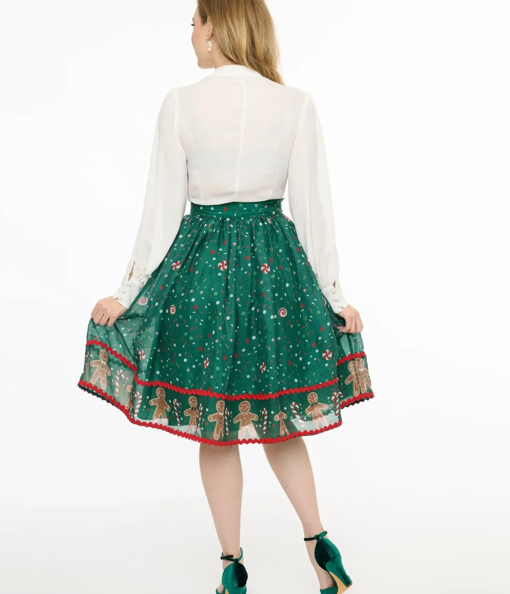 Unique Vintage Skirts>1950s Green Gingerbread Border Brilliance Swing Skirt