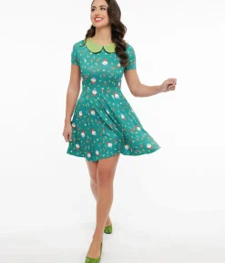 Unique Vintage Fit & Flare|Everyday Dresses>1950s Green Gnome Print Fit & Flare Dress