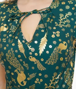 Unique Vintage Swing|Pocket Dresses>1940s Green & Gold Peacock Print Dahlia Swing Dress