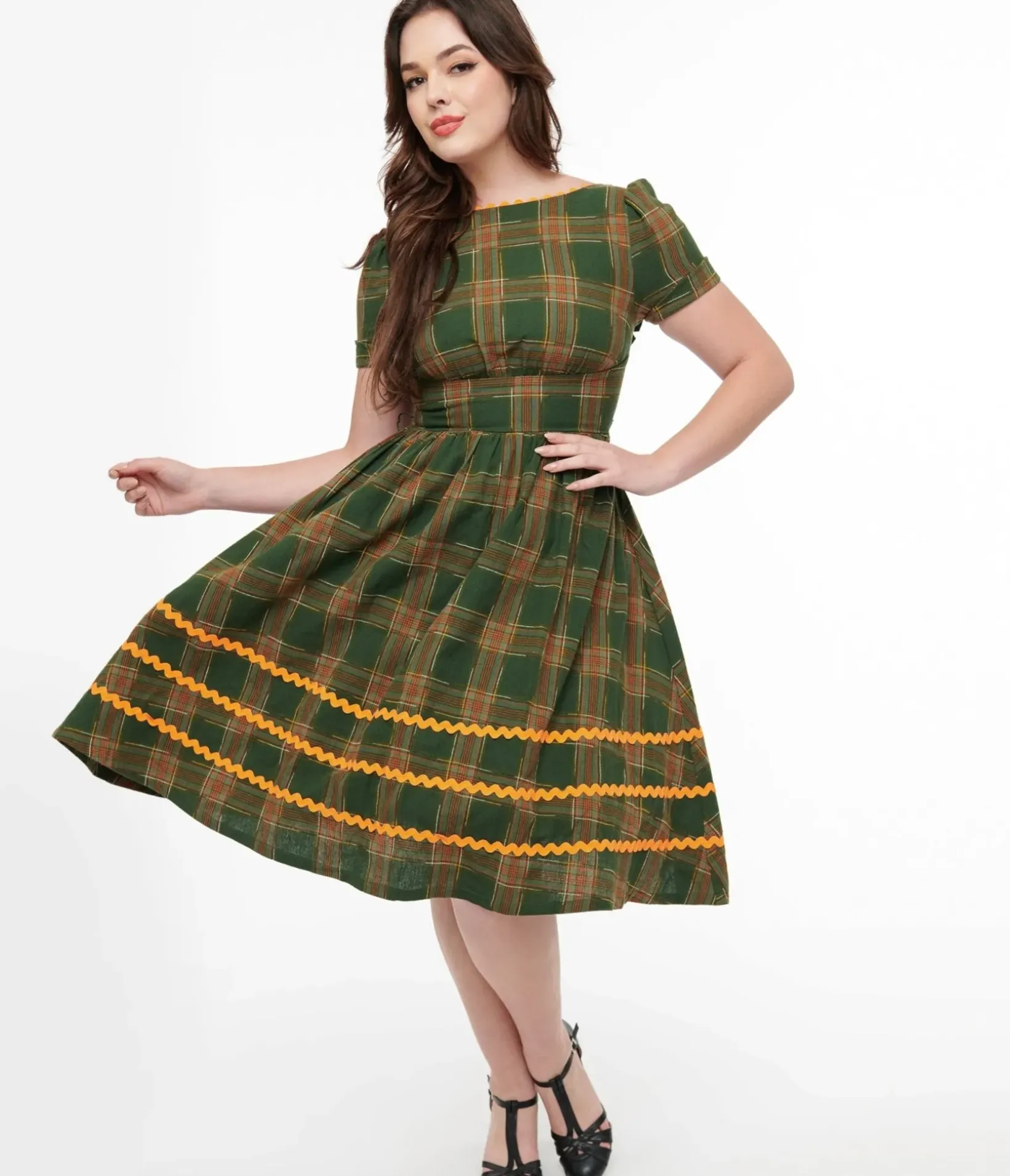 Unique Vintage Swing|Everyday Dresses>1950s Green Plaid Cotton Swing Dress