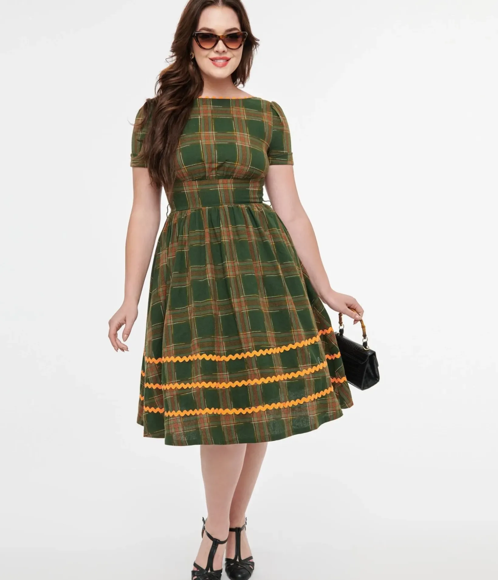 Unique Vintage Swing|Everyday Dresses>1950s Green Plaid Cotton Swing Dress