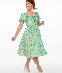 Unique Vintage Swing|Everyday Dresses>1940s Green Possum Print Button Front Dress