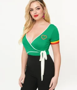 Unique Vintage Pride>1970s Green & Rainbow Heart Surplice Bodysuit