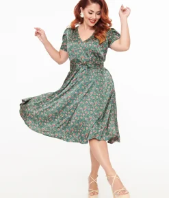 Unique Vintage Swing|Pocket Dresses>1940s Green & Red Fan Print Swing Dress