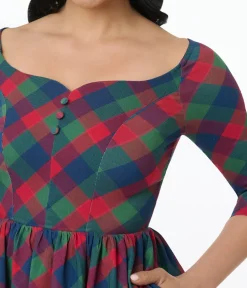 Unique Vintage Swing|Pocket Dresses>1950s Green & Red Plaid Sweetheart Swing Dress