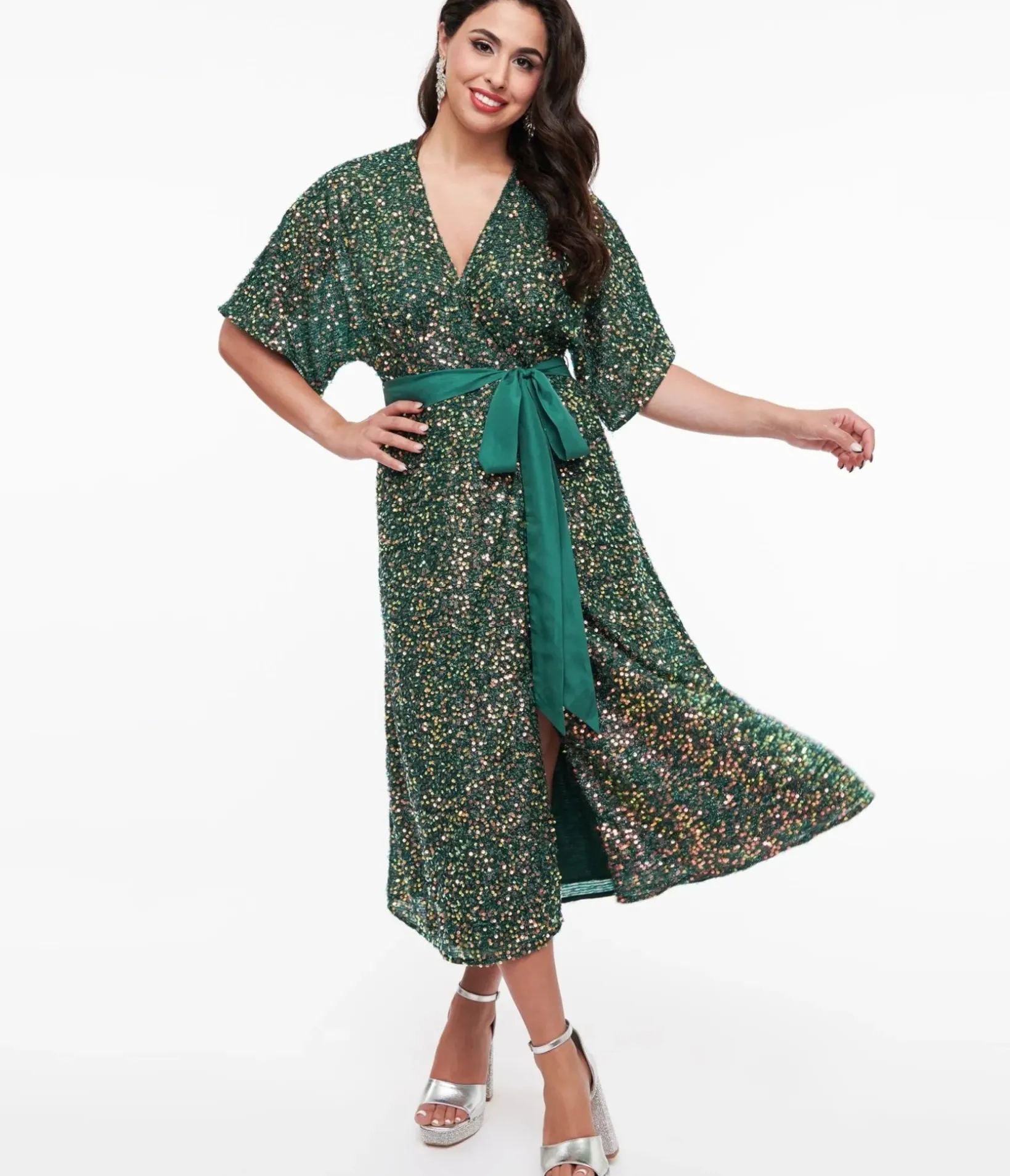 Unique Vintage Midi|Wrap Dresses>1960s Green Sequin Wrap Midi Dress