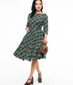 Unique Vintage Swing|Pocket Dresses>1950s Green & Tan Plaid Devon Swing Dress