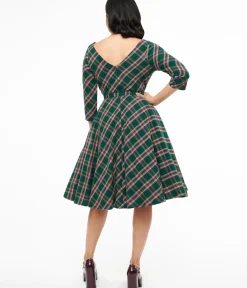Unique Vintage Swing|Pocket Dresses>1950s Green & Tan Plaid Devon Swing Dress