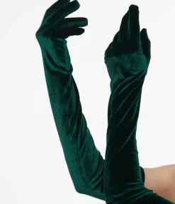 Unique Vintage Gloves & Scarves>1950s Green Velvet Elbow Length Gloves