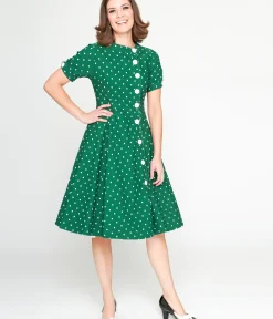 Unique Vintage Swing|Pocket Dresses>1950s Green & White Pin Dot Contrast Button Swing Dress