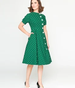 Unique Vintage Swing|Pocket Dresses>1950s Green & White Pin Dot Contrast Button Swing Dress