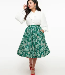 Unique Vintage Skirts>1950s Green Winter Print Gellar Swing Skirt