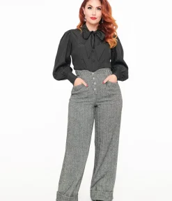 Unique Vintage Pants|Work Wear>1940s Grey Herringbone Buttoned Wide Leg Trousers