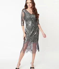 Unique Vintage Everyday Dresses>1920s Grey & Silver Beaded Lynette Flapper Dress