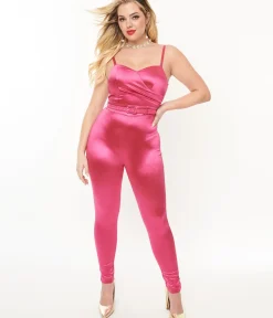 Unique Vintage Rompers & Jumpsuits|Pride>1970s Hot Pink Spandex Belted Jumpsuit