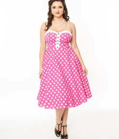 Unique Vintage Swing|Everyday Dresses>1950s Hot Pink & White Polka Dot Cotton Swing Dress