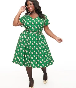 Unique Vintage Swing|Swing>1940s Hunter Green Fan Print Tulip Sleeve Swing Dress