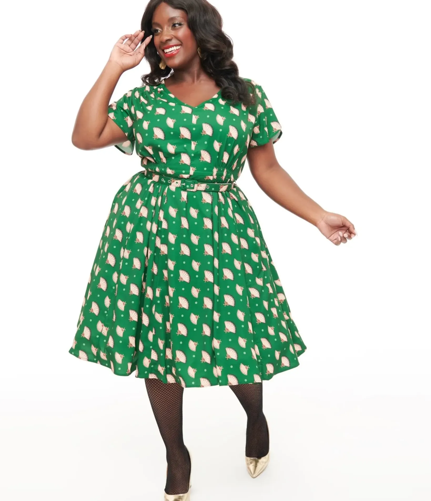 Unique Vintage Swing|Swing>1940s Hunter Green Fan Print Tulip Sleeve Swing Dress