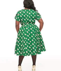 Unique Vintage Swing|Swing>1940s Hunter Green Fan Print Tulip Sleeve Swing Dress