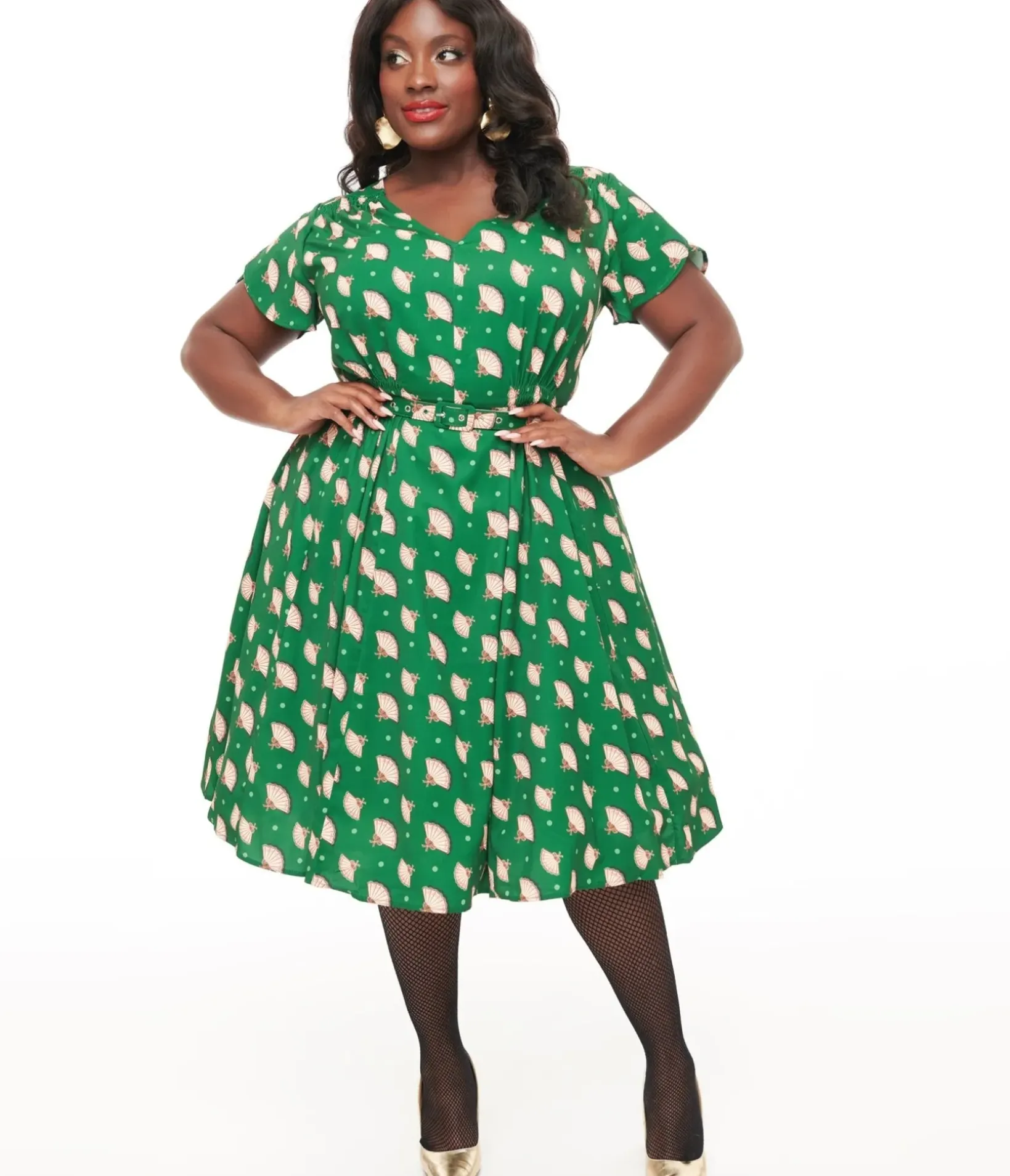 Unique Vintage Swing|Swing>1940s Hunter Green Fan Print Tulip Sleeve Swing Dress
