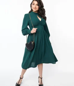 Unique Vintage Swing|Everyday Dresses>1970s Hunter Green Keyhole Swing Dress