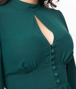 Unique Vintage Swing|Everyday Dresses>1970s Hunter Green Keyhole Swing Dress