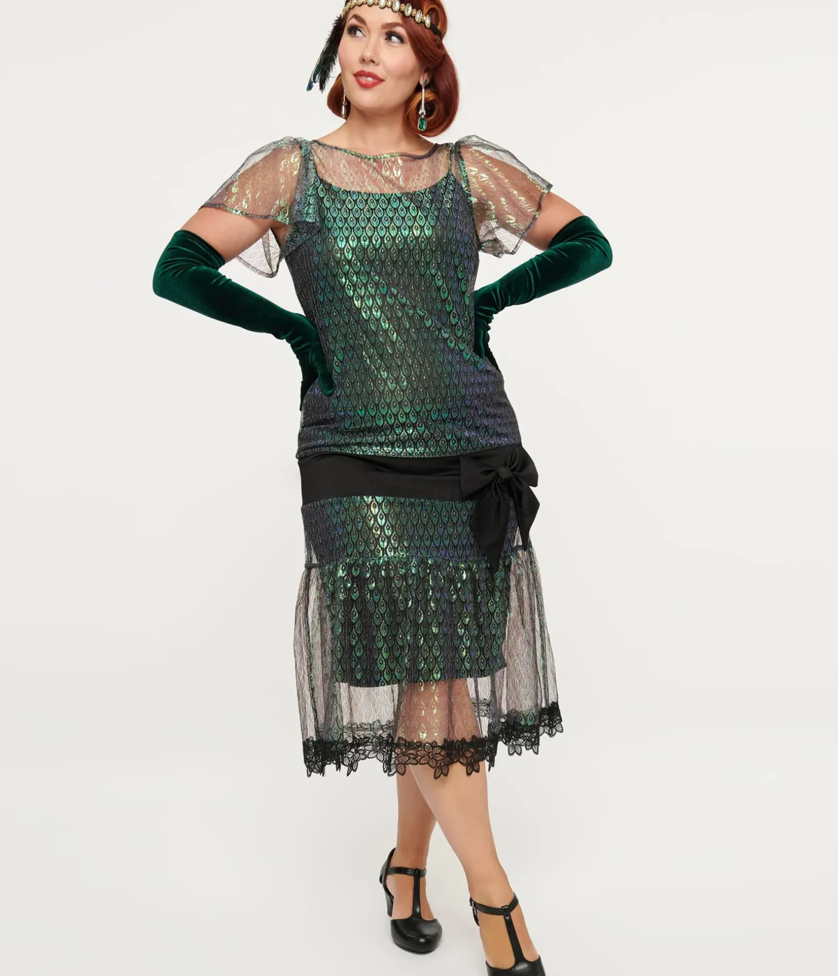 Unique Vintage Special Occasion|Flapper Dresses>1920s Iridescent Peacock & Black Bow Flapper Dress