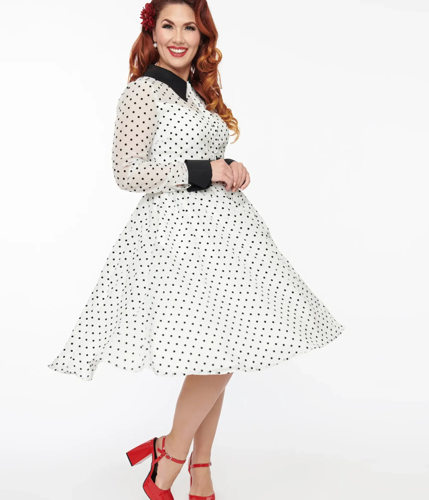 Unique Vintage Swing|Everyday Dresses>1950s Ivory & Black Polka Dot Tulle Swing Dress