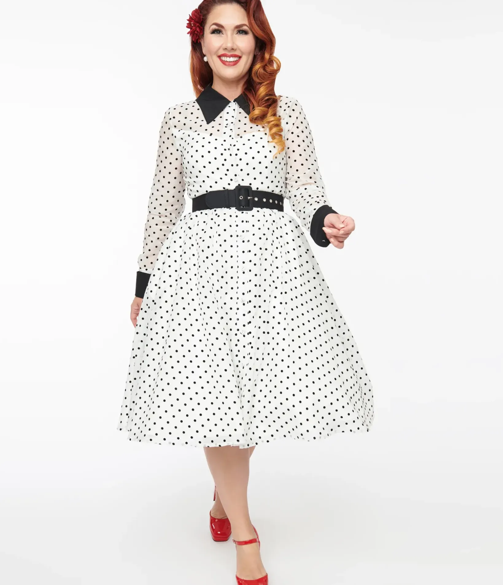 Unique Vintage Swing|Everyday Dresses>1950s Ivory & Black Polka Dot Tulle Swing Dress
