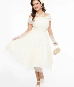Unique Vintage Everyday Dresses|Special Occasion>1950s Ivory Clip Dot Off The Shoulder Cocktail Dress