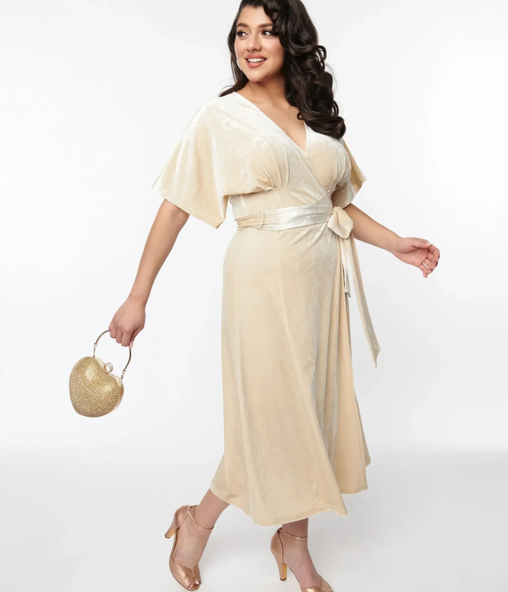 Unique Vintage Midi|Wrap Dresses>1970s Ivory Peacock Velvet Wrap Midi Dress