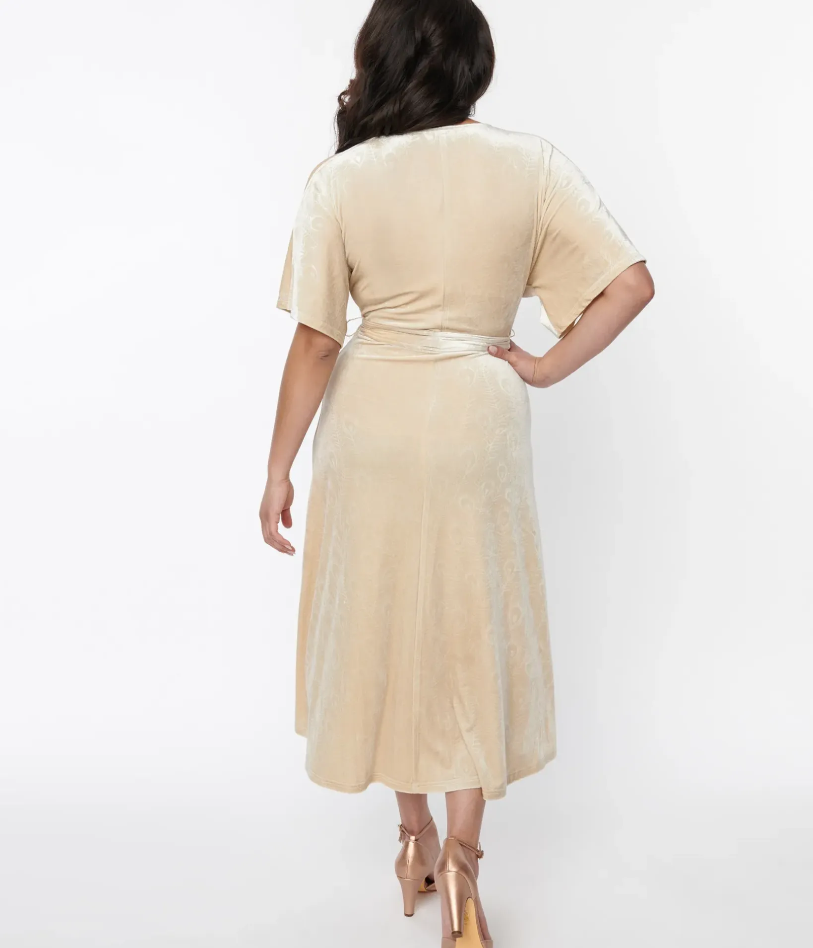 Unique Vintage Midi|Wrap Dresses>1970s Ivory Peacock Velvet Wrap Midi Dress