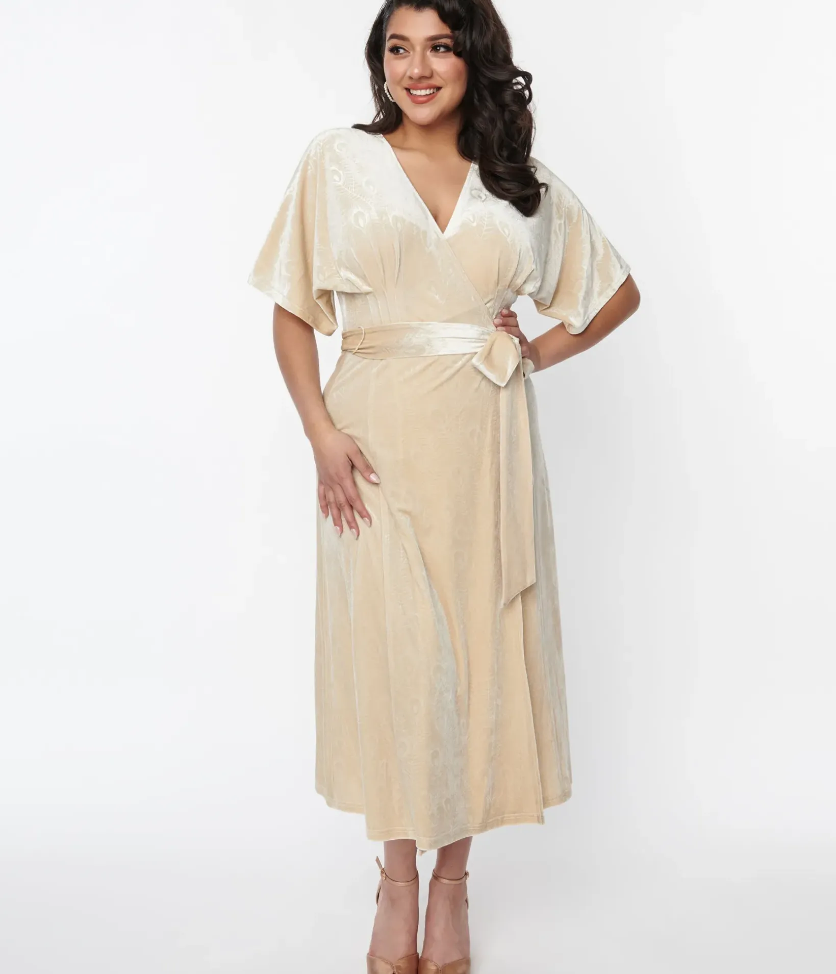 Unique Vintage Midi|Wrap Dresses>1970s Ivory Peacock Velvet Wrap Midi Dress